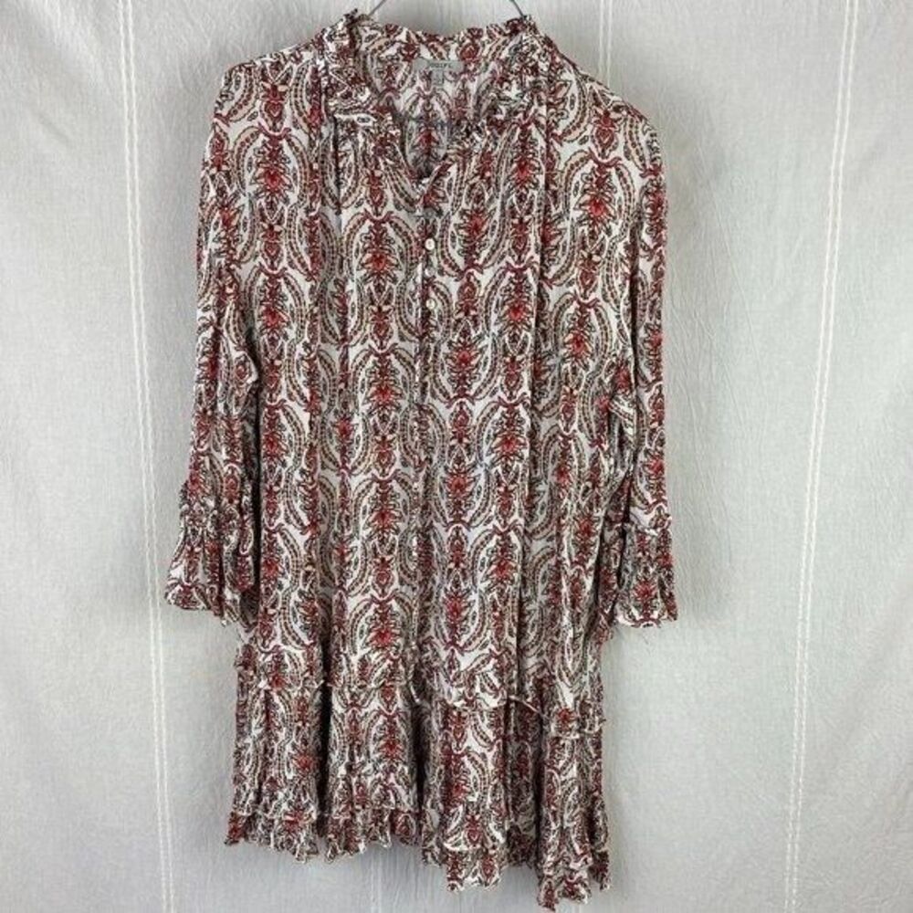 JODIFL Floral Ruffle Boho Dress or Tunic Long Sleeve‎ Tie Neck Sz Large